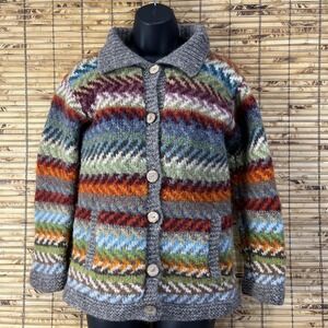 Pachamama Vtg Handknit Wool Cardigan Sweater S Multicolor Stripe Chunky Aztec